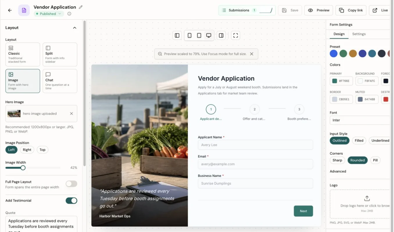 Sheetfront form editor showing layout controls, a live Vendor Application form preview, and design settings