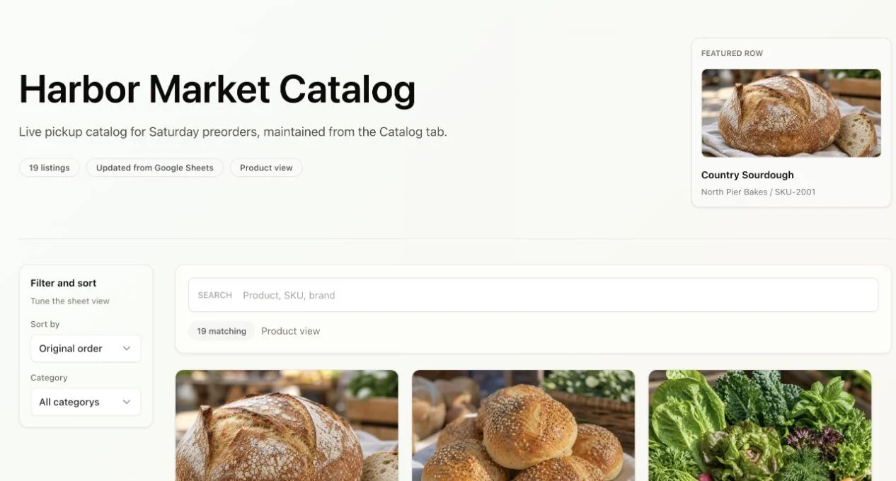Harbor Market Catalog mini page screenshot with product cards, filters, and generated catalog images
