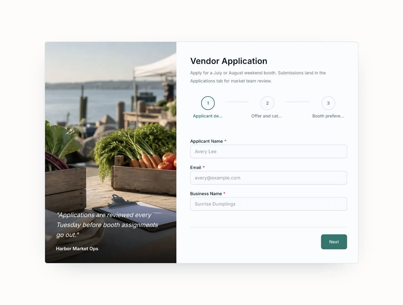 Vendor Application form screenshot with a split image layout and sectioned fields